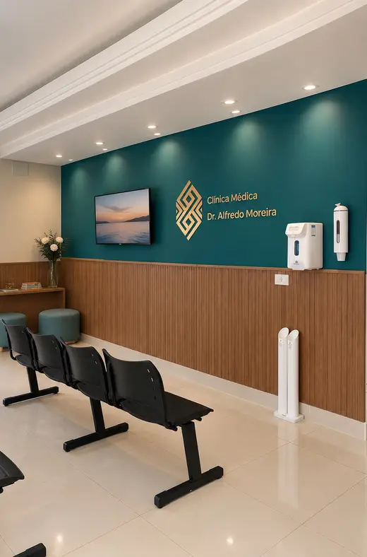 Sala de espera da clínica, com parede verde petróleo e o logo da Clínica Dr. Alfredo Moreira em dourado